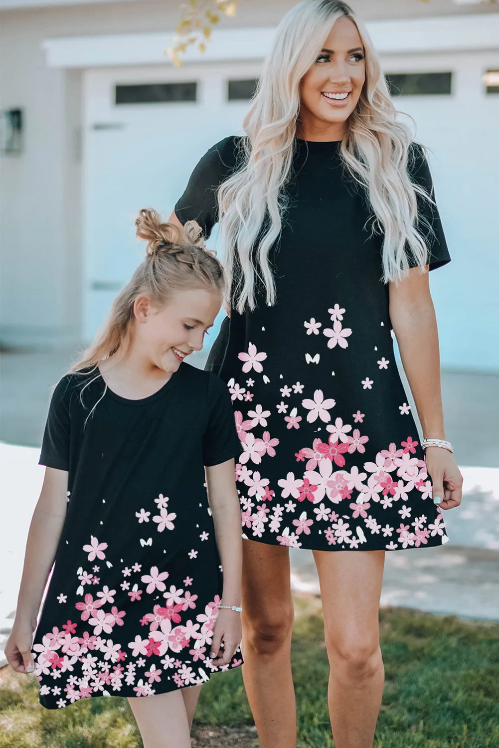 Black Family Matching Cherry Blossoms Print T Shirt Mini Dress