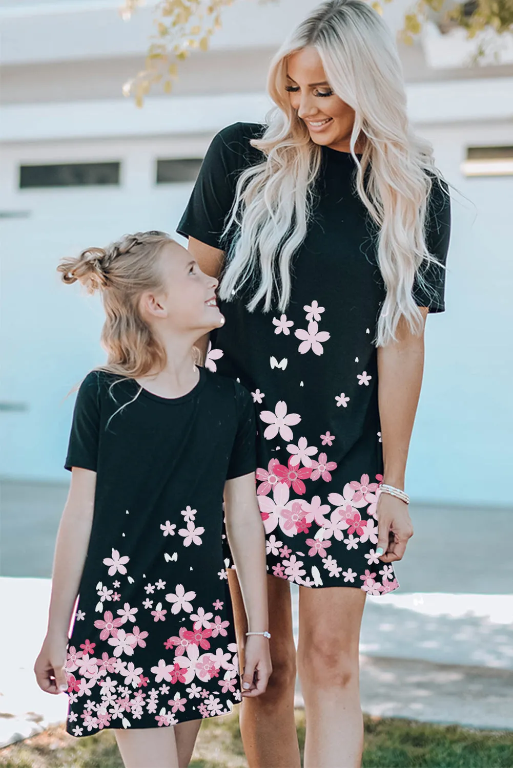 Black Family Matching Cherry Blossoms Print T Shirt Mini Dress