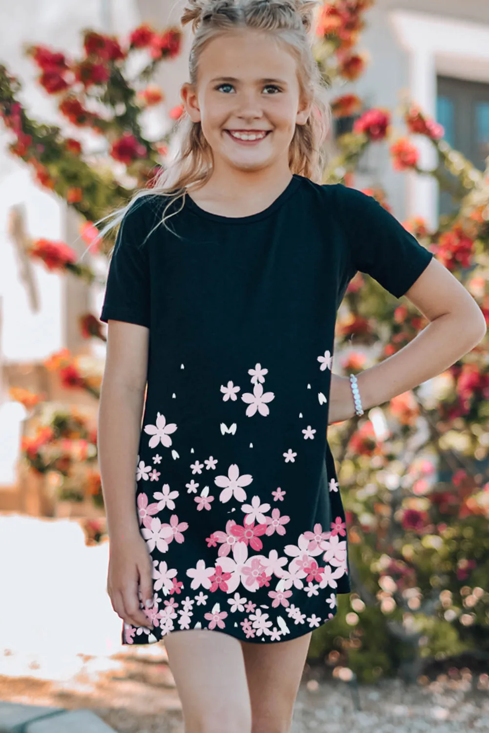 Black Family Matching Cherry Blossoms Print T Shirt Mini Dress