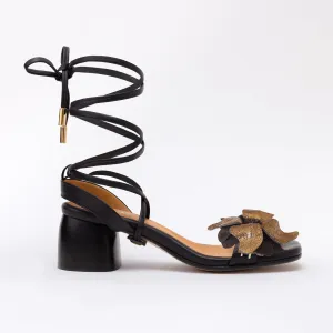 Black Heeled Swap Sandal Brown Flower with Gladiator