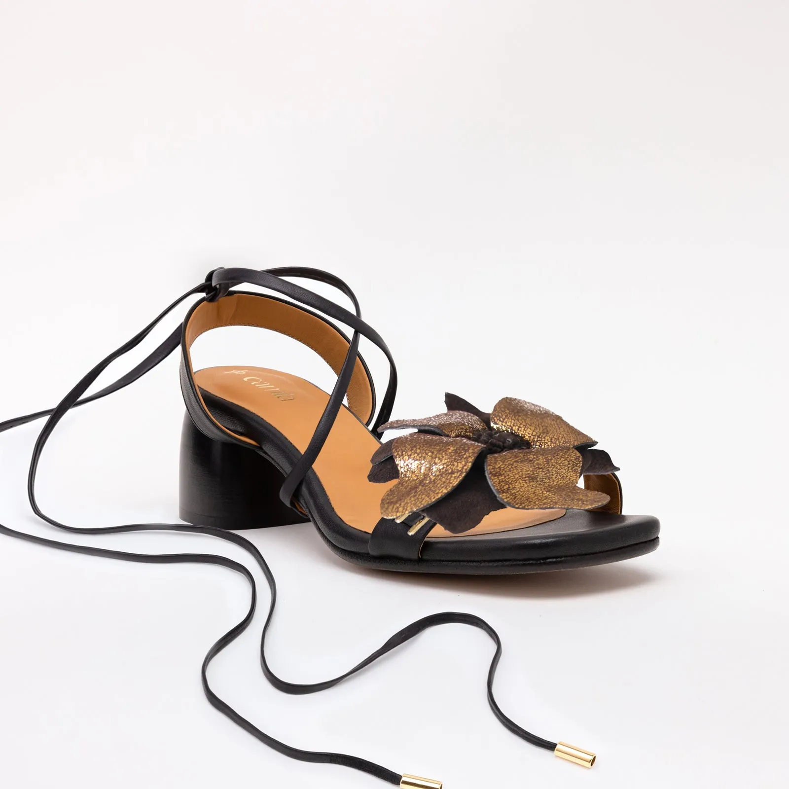 Black Heeled Swap Sandal Brown Flower with Gladiator