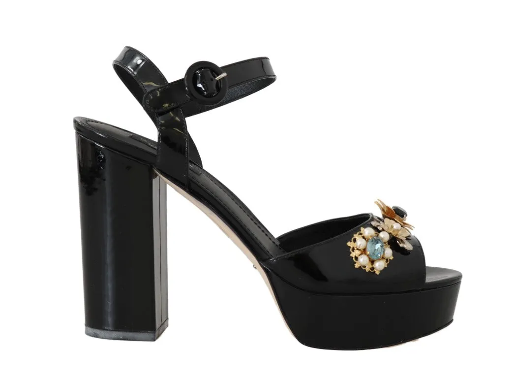 Black Leather Crystal Pearl Sandal