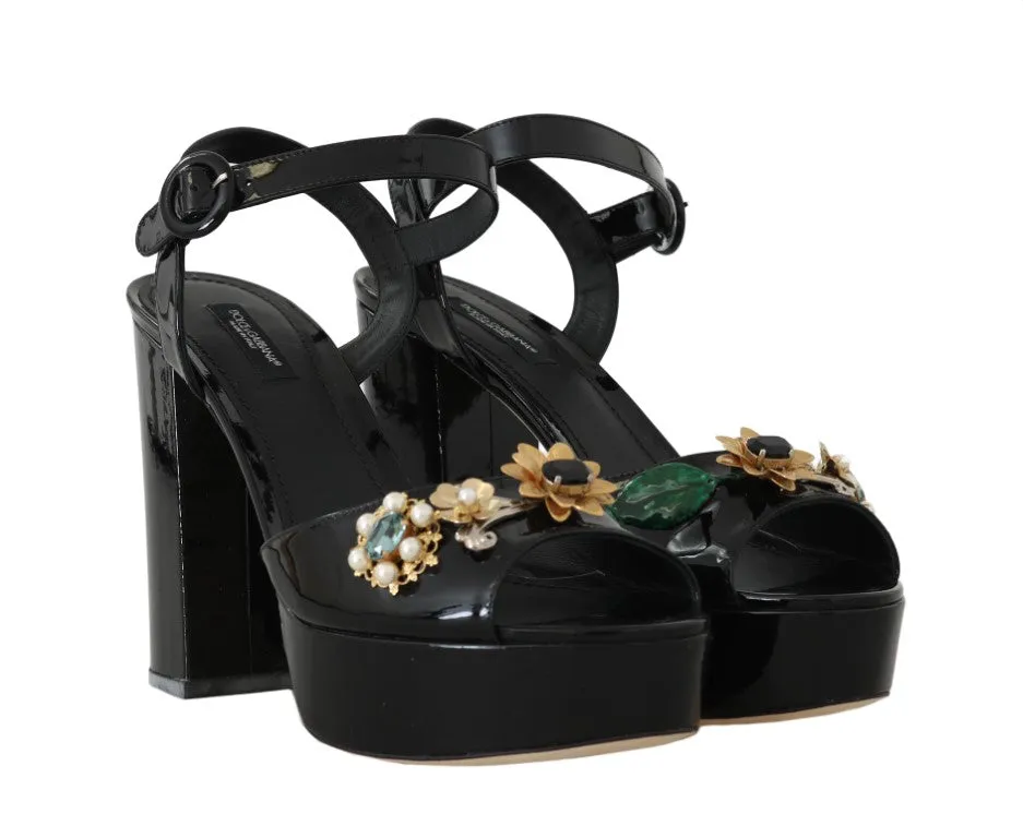 Black Leather Crystal Pearl Sandal