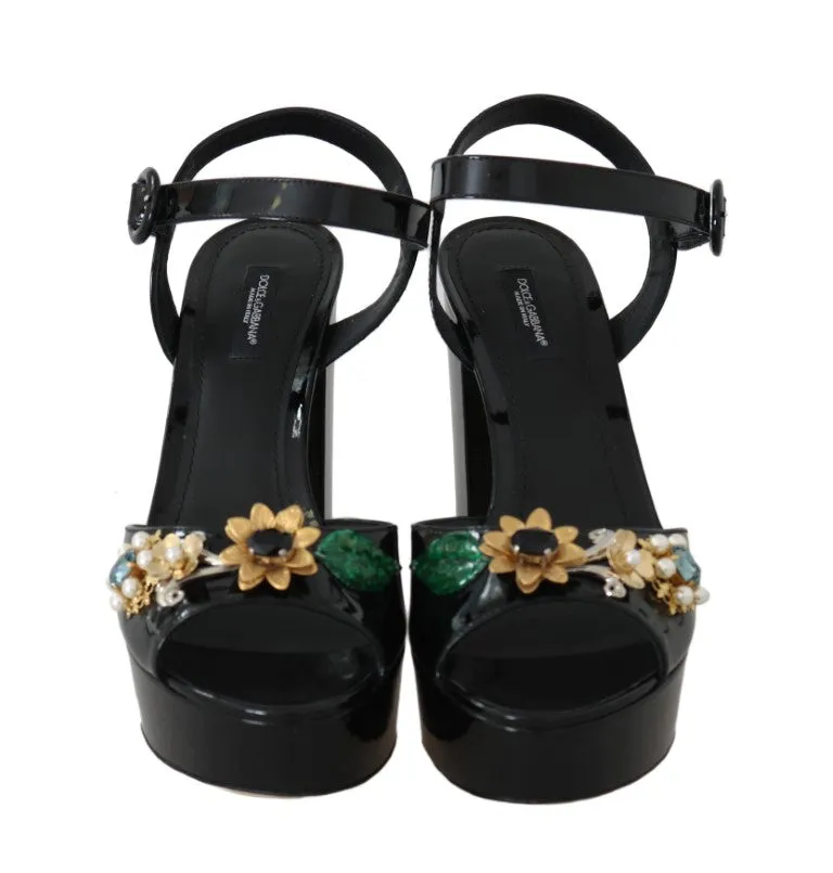 Black Leather Crystal Pearl Sandal