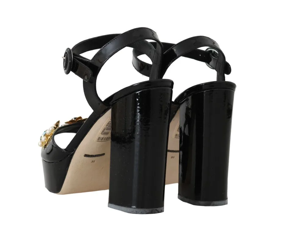 Black Leather Crystal Pearl Sandal