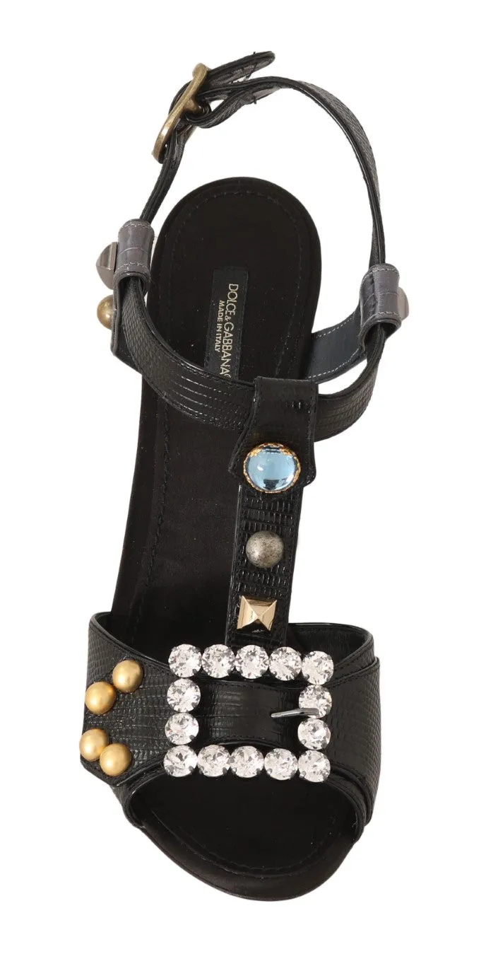 Black Leather Crystal Sandals Tassel