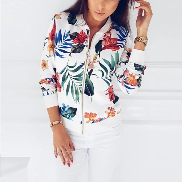 Black Retro Floral Print Women Short Spring Jacket O-Neck Long Sleeve Slim Women Bomber Jacket Plus Size Thin Zipper Jacket