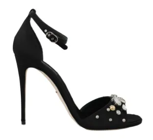 Black Silk Lace Crystal Heels Sandal