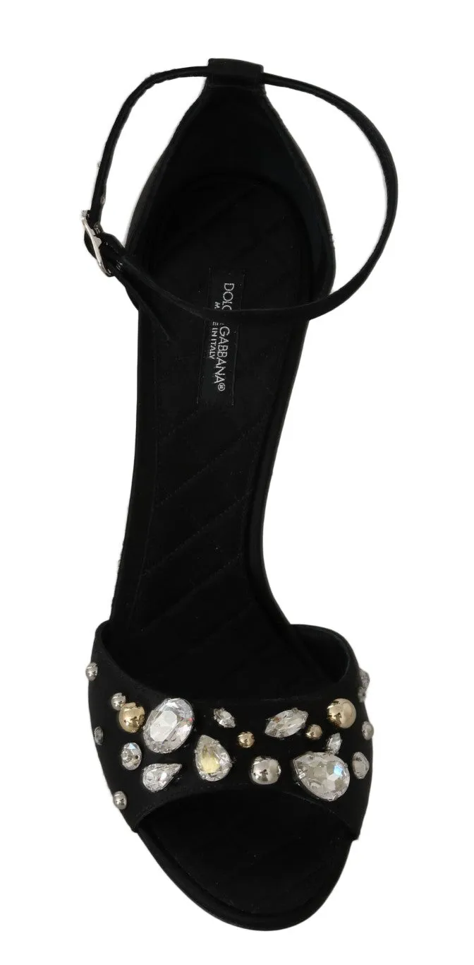 Black Silk Lace Crystal Heels Sandal