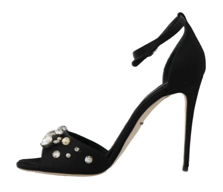 Black Silk Lace Crystal Heels Sandal