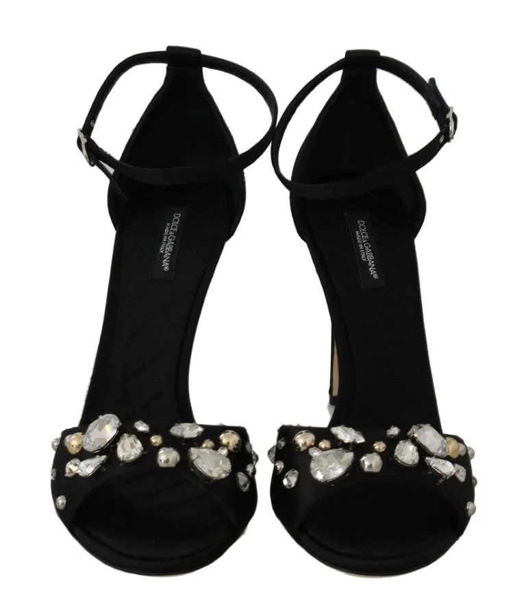 Black Silk Lace Crystal Heels Sandal