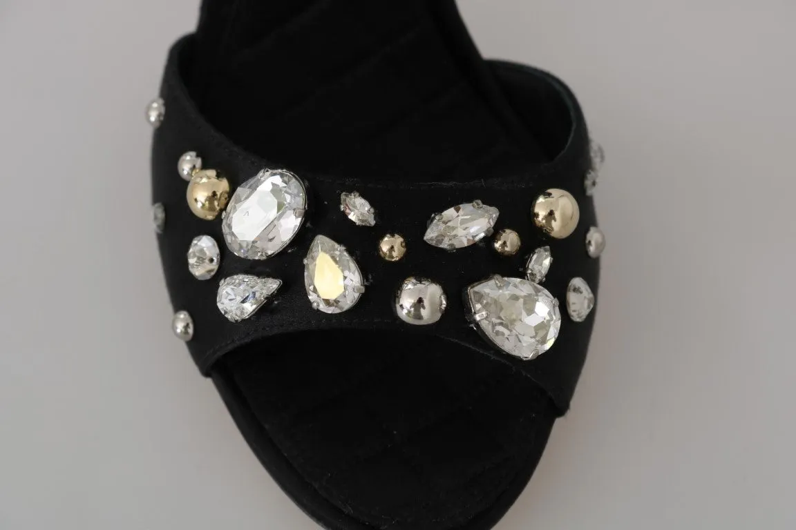 Black Silk Lace Crystal Heels Sandal