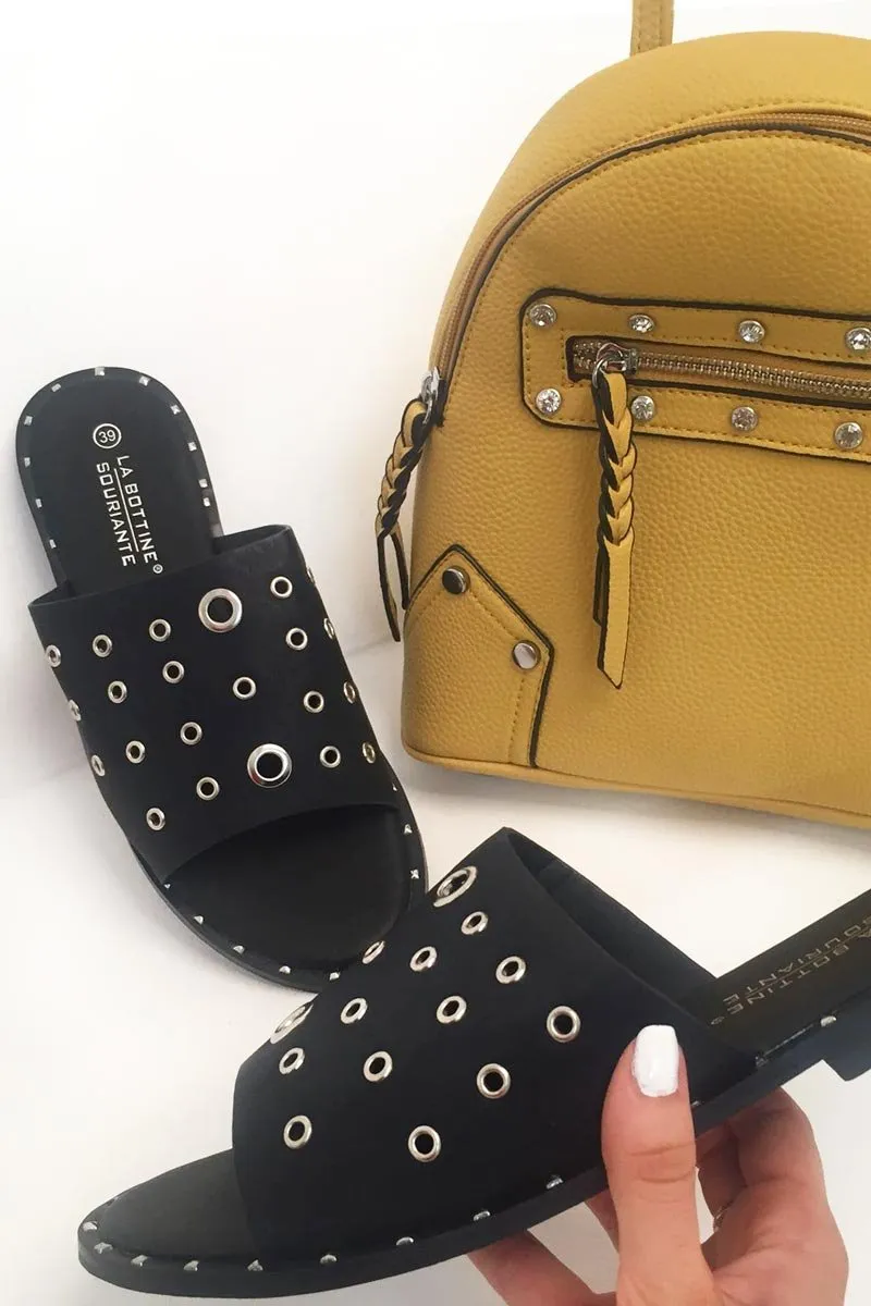 Black Silver Eyelet Sandals - Anjani
