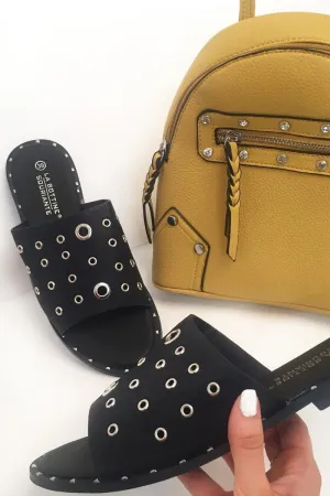 Black Silver Eyelet Sandals - Anjani