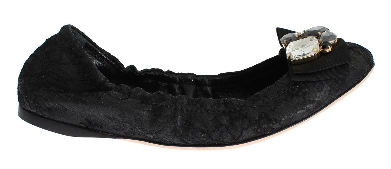 Black Taormina Lace Crystal Ballerina Flat Shoes