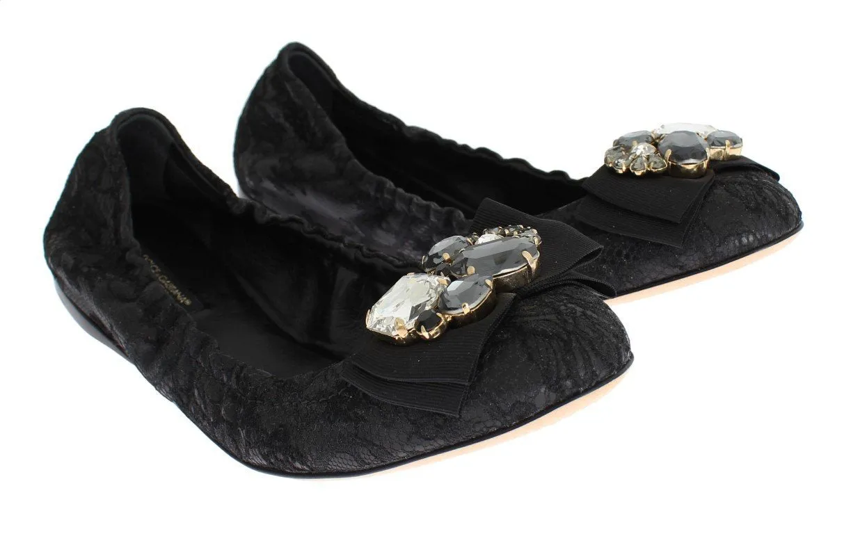 Black Taormina Lace Crystal Ballerina Flat Shoes