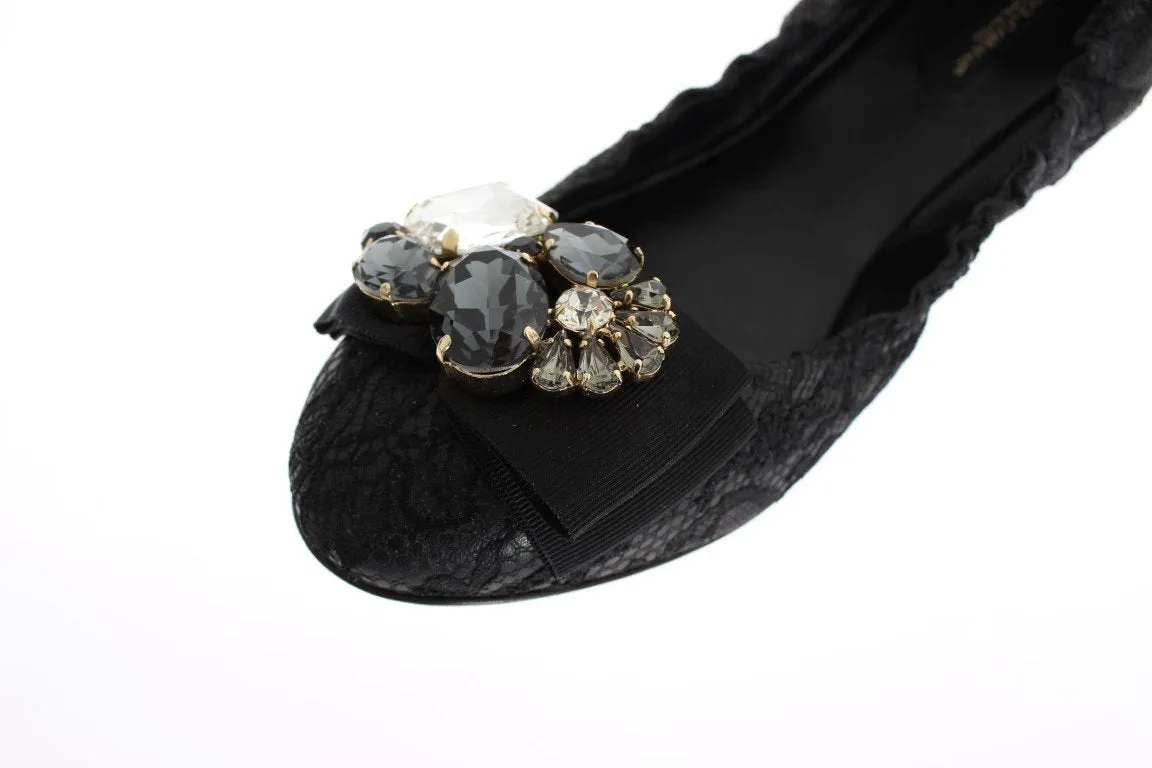 Black Taormina Lace Crystal Ballerina Flat Shoes