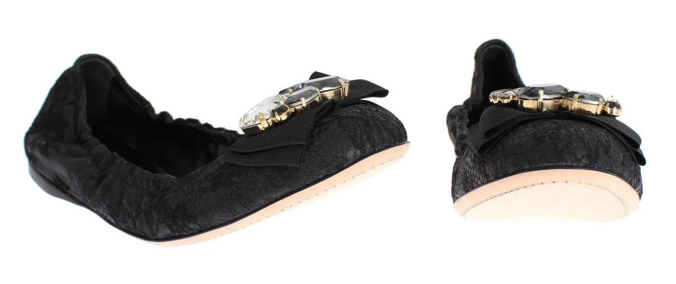 Black Taormina Lace Crystal Ballerina Flat Shoes