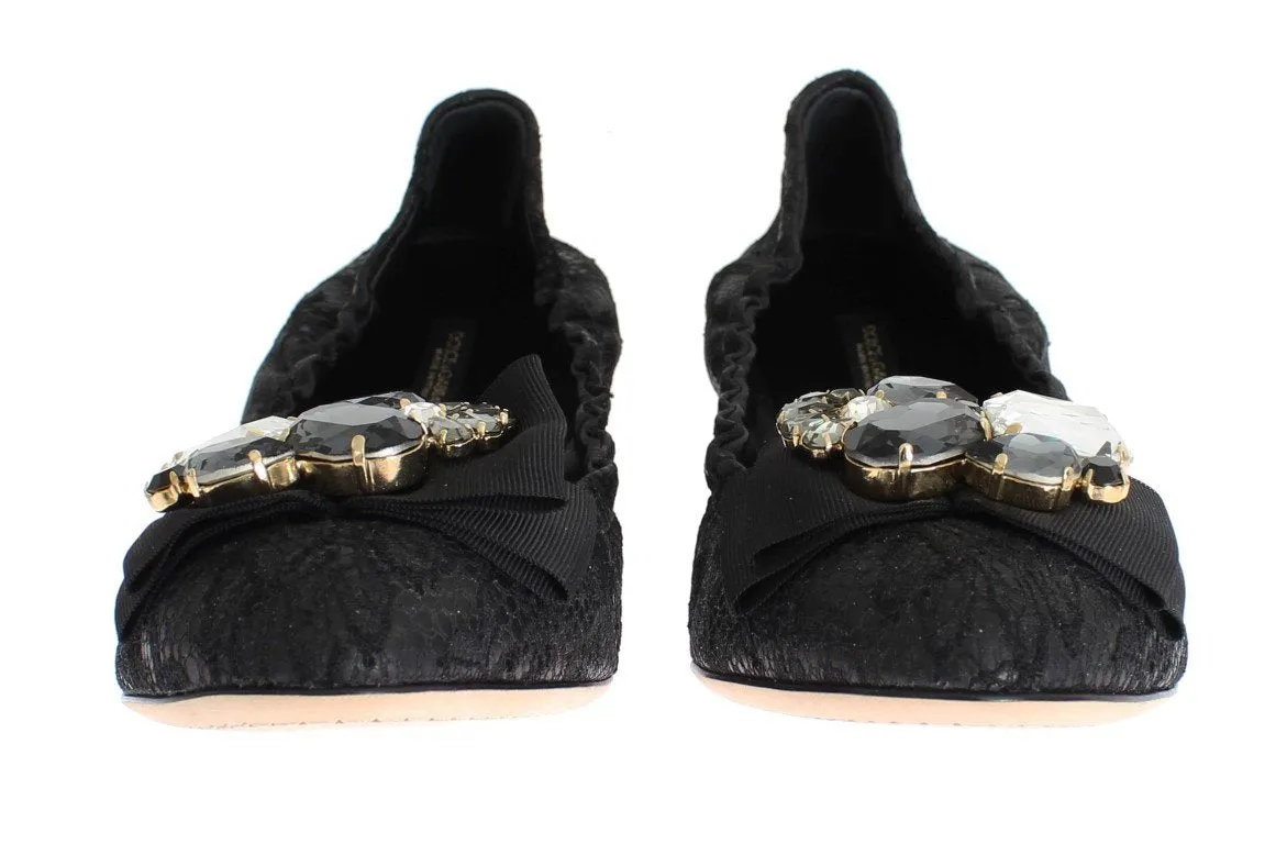 Black Taormina Lace Crystal Ballerina Flat Shoes