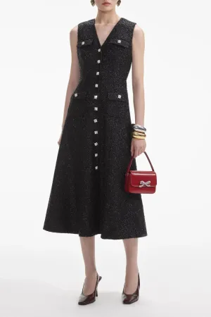 Black Tinsel Boucle Buttoned Midi Dress