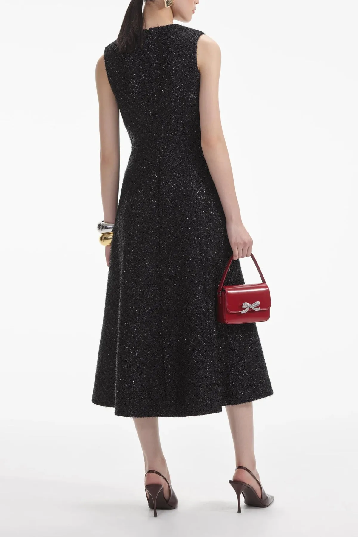 Black Tinsel Boucle Buttoned Midi Dress