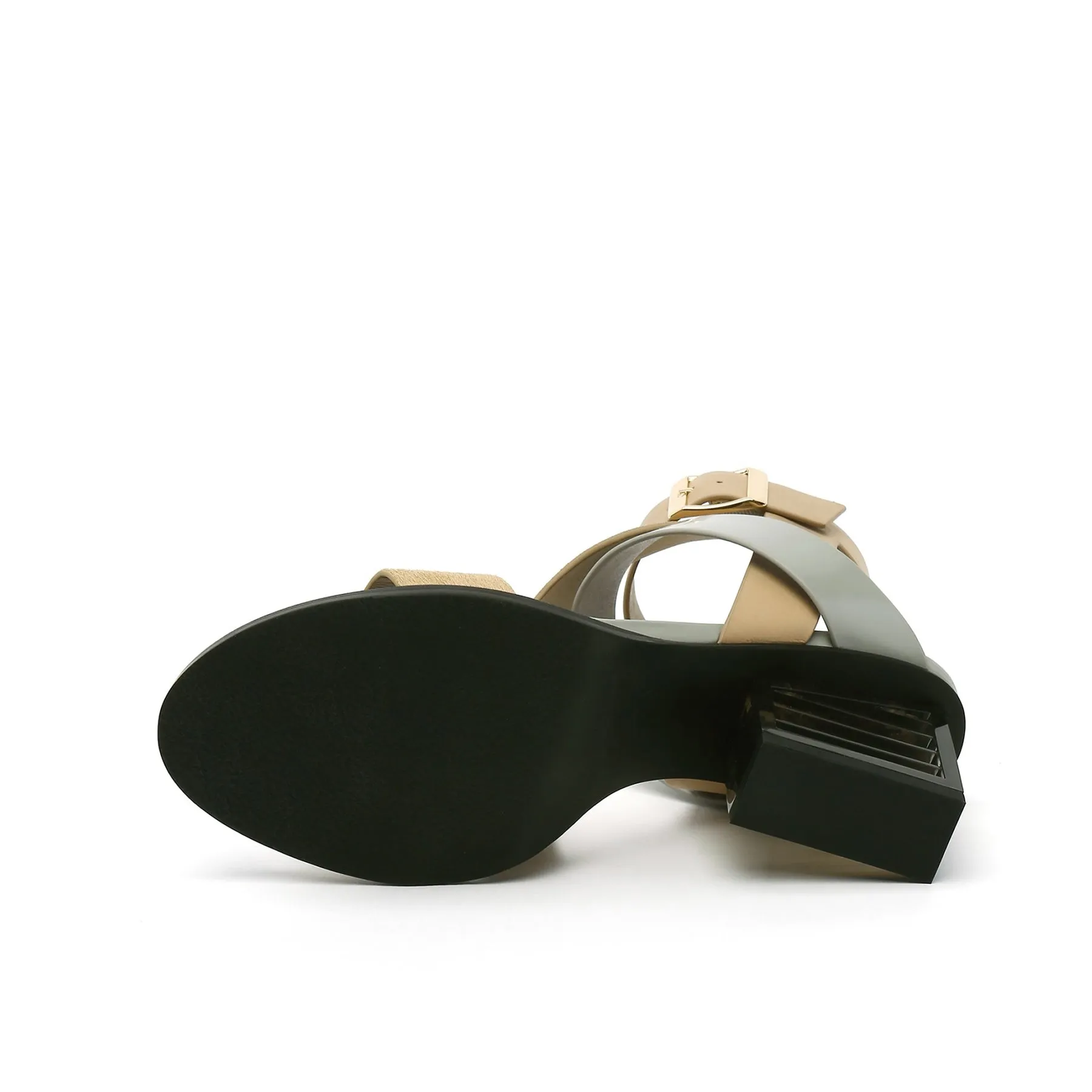 Block Heel Cross Triple-Stap Leather Sandal - Sand