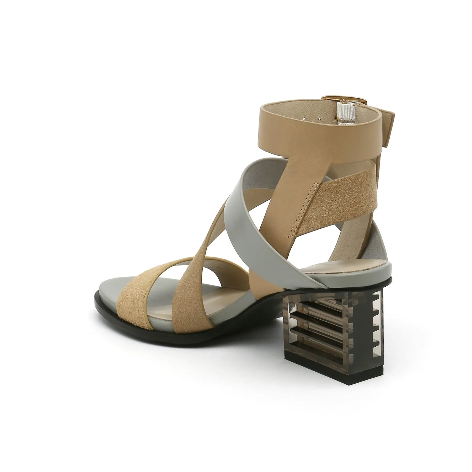 Block Heel Cross Triple-Stap Leather Sandal - Sand