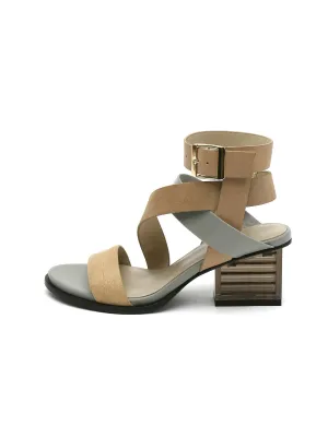 Block Heel Cross Triple-Stap Leather Sandal - Sand