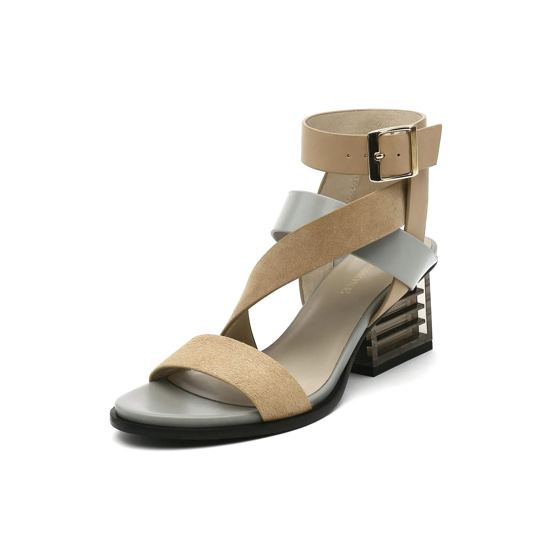 Block Heel Cross Triple-Stap Leather Sandal - Sand