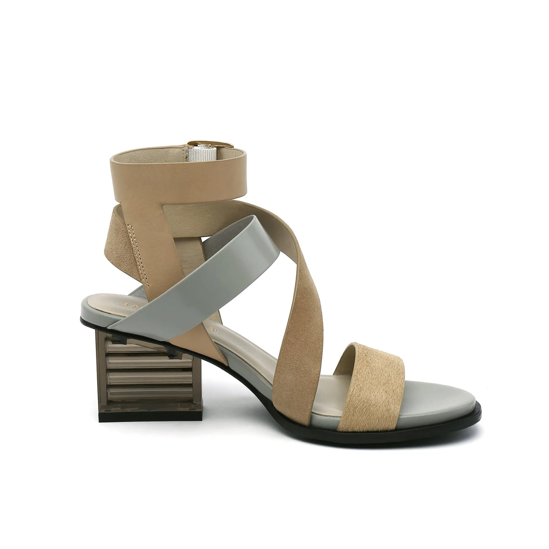 Block Heel Cross Triple-Stap Leather Sandal - Sand
