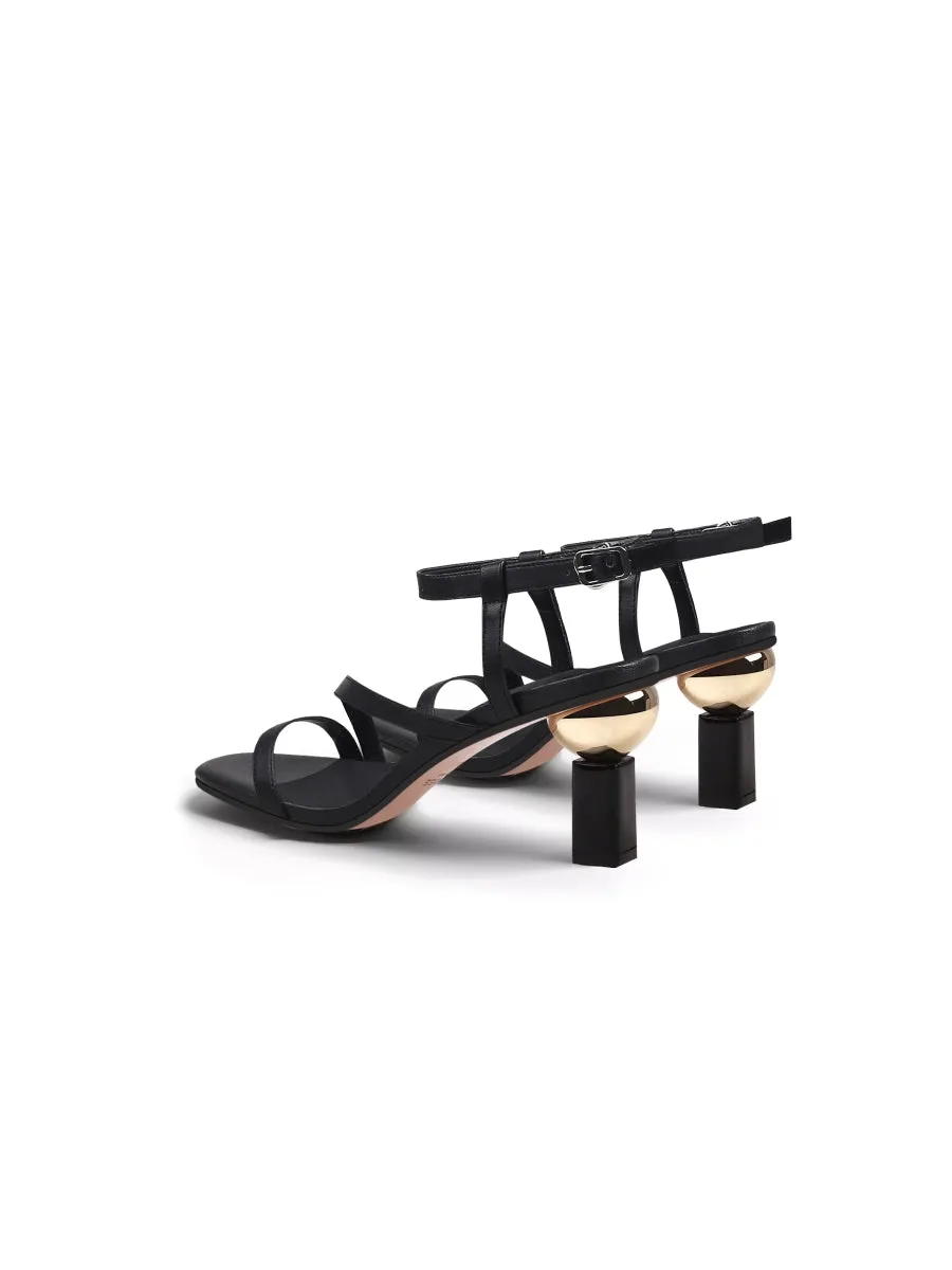 Block Heel Leather Black Ankle Strap Sandal