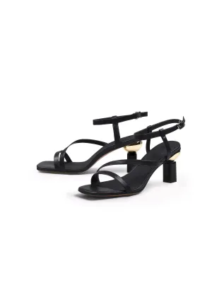 Block Heel Leather Black Ankle Strap Sandal