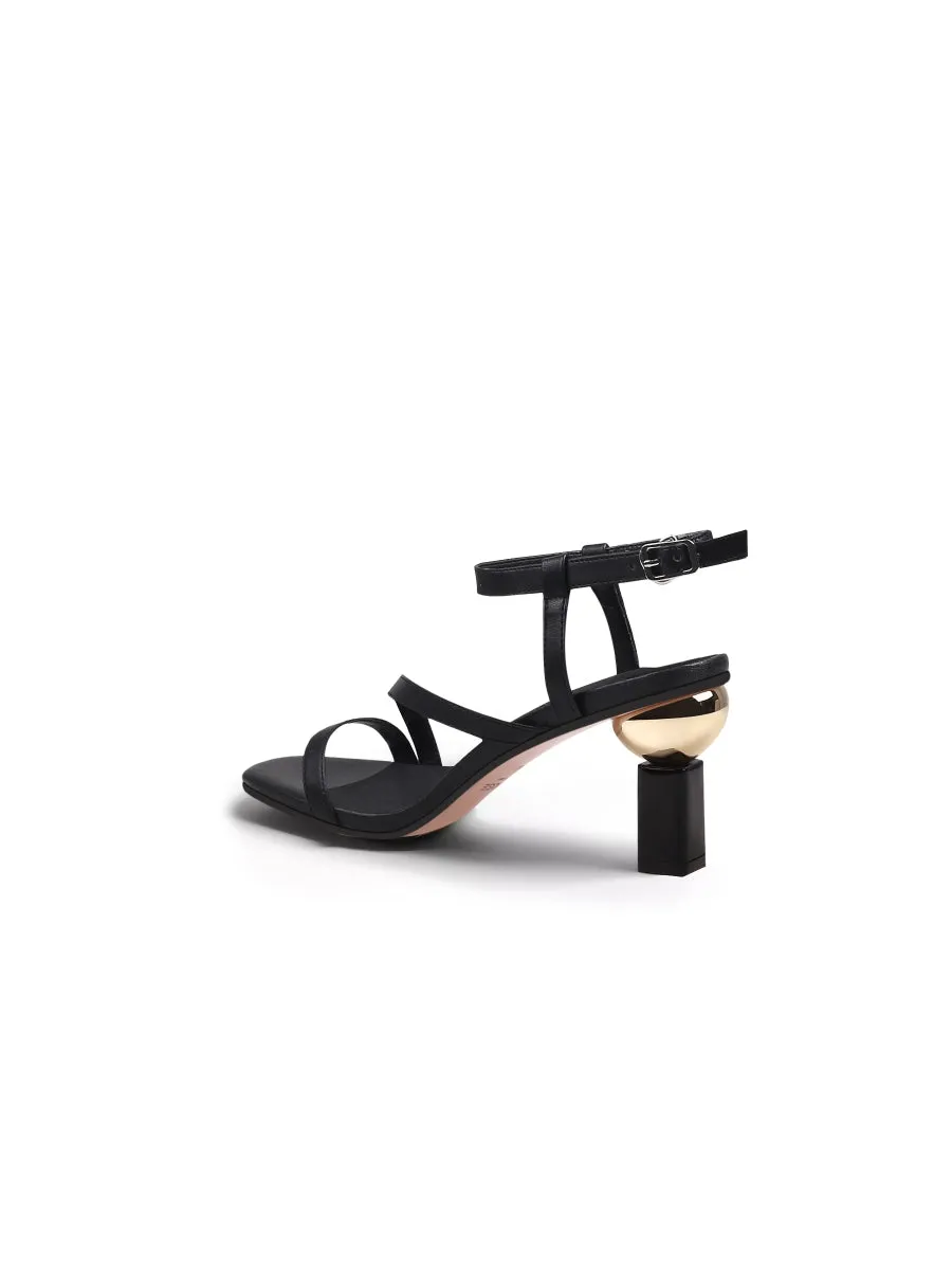 Block Heel Leather Black Ankle Strap Sandal