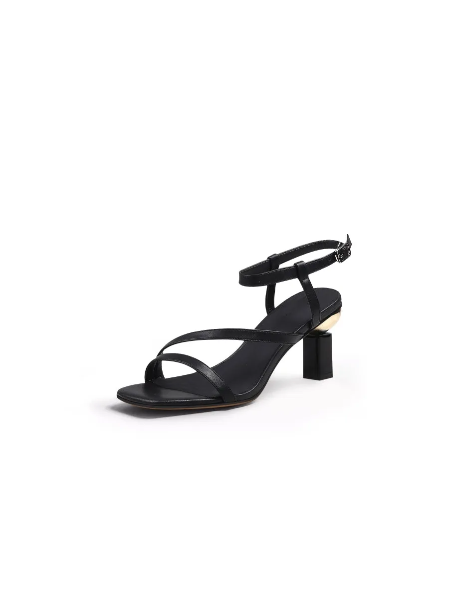 Block Heel Leather Black Ankle Strap Sandal
