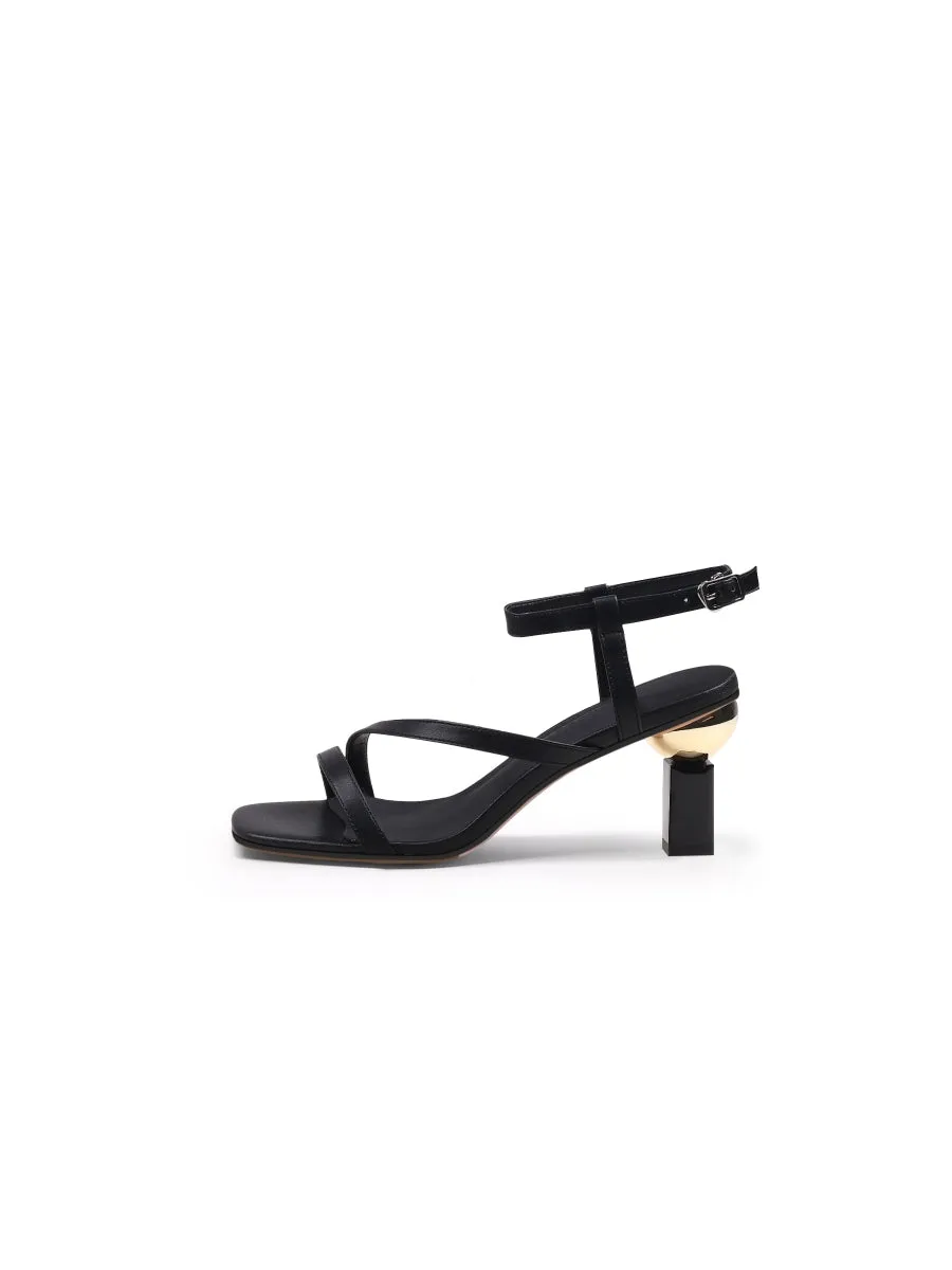 Block Heel Leather Black Ankle Strap Sandal