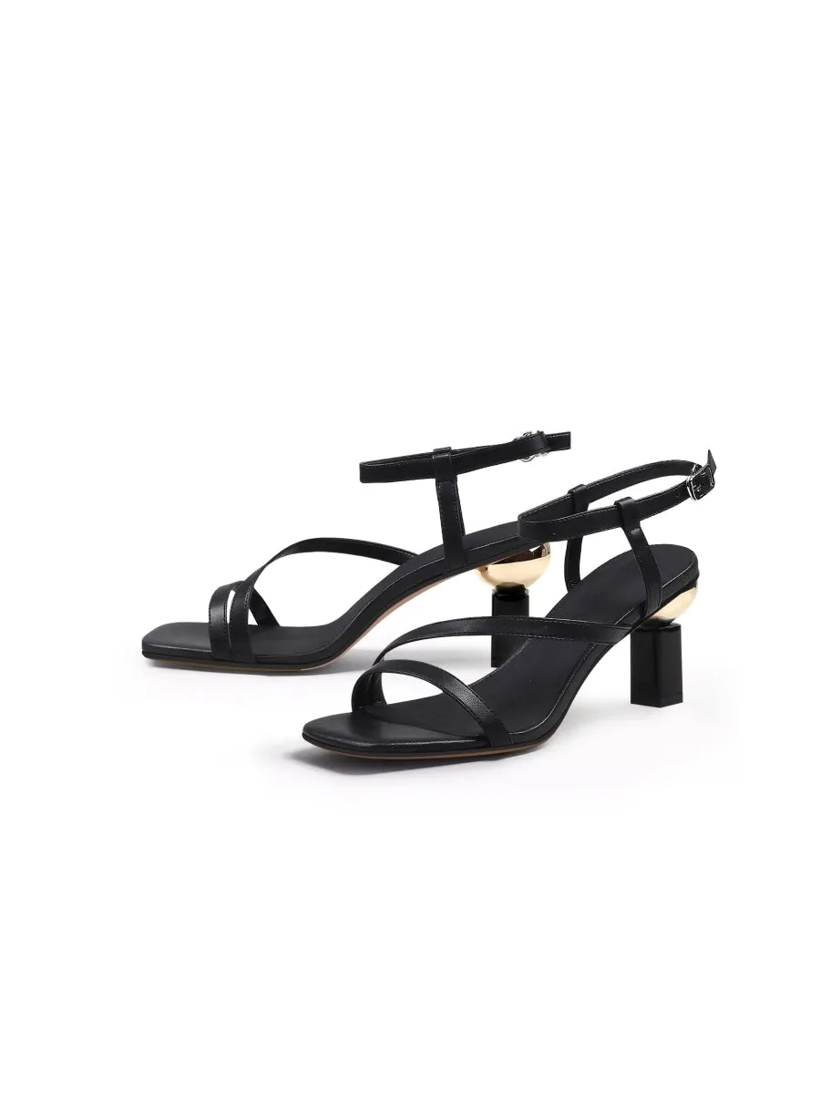 Block Heel Leather Black Ankle Strap Sandal