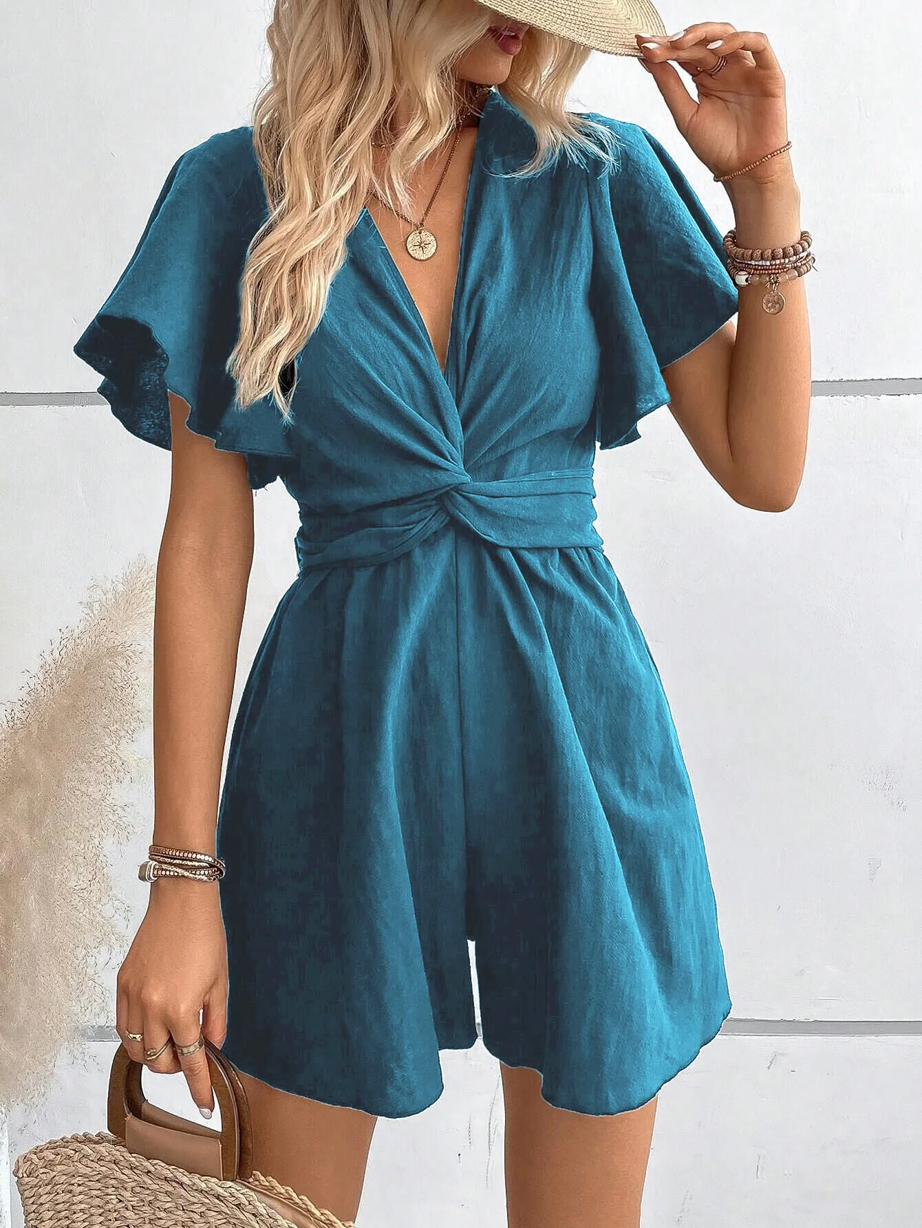 Blue Knot Detail Romper With Flared Sleeve