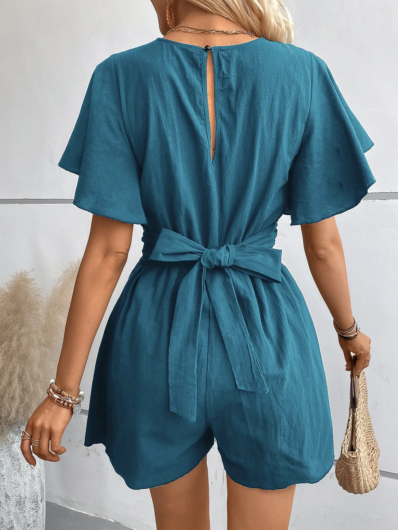 Blue Knot Detail Romper With Flared Sleeve