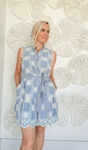Blue Lace Button Sleeveless Mini