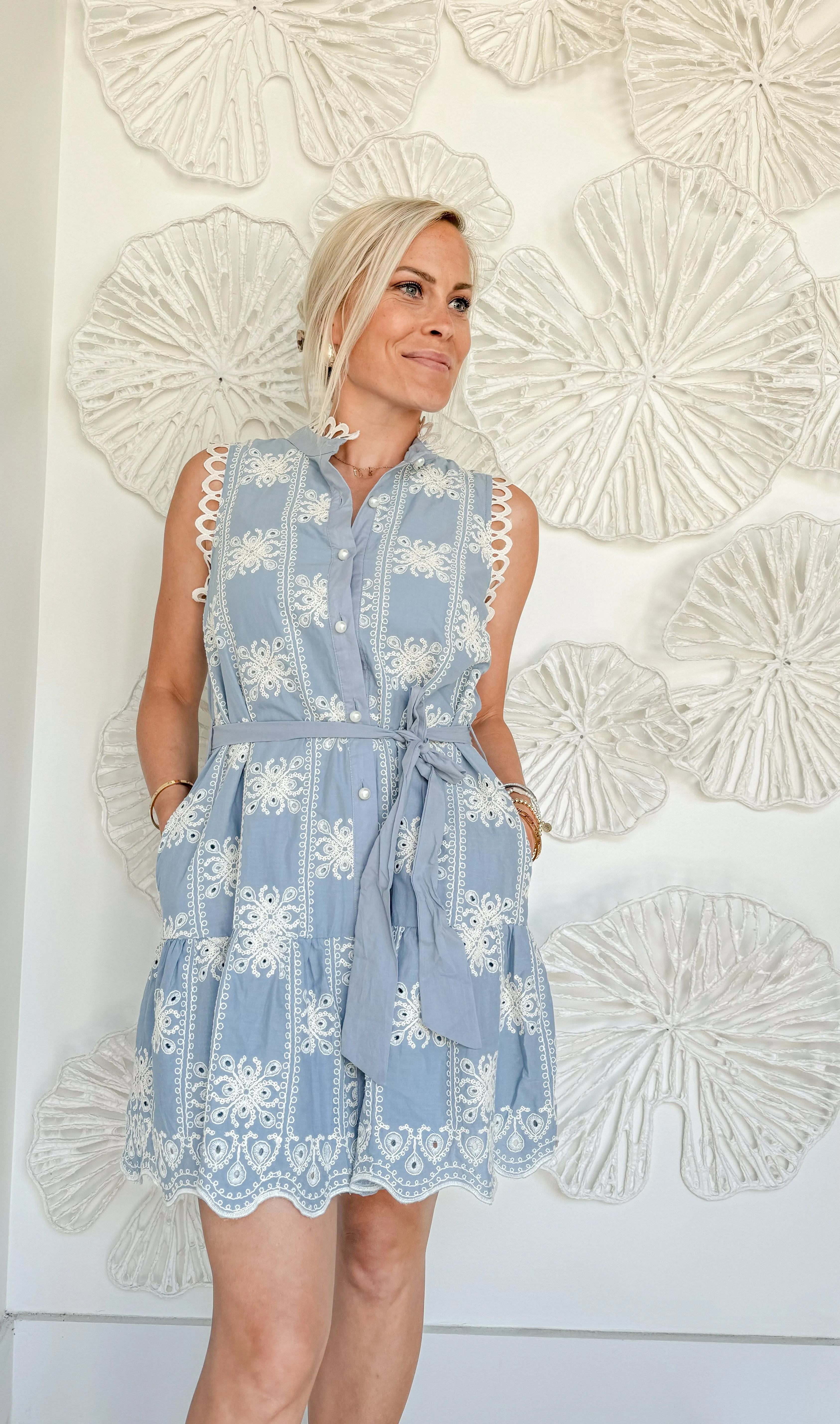 Blue Lace Button Sleeveless Mini