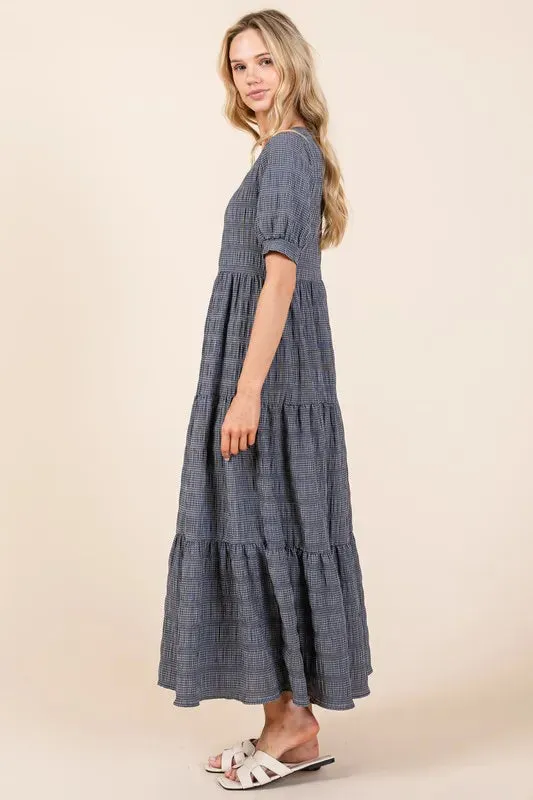BOMBOM Textured Short Sleeve Tiered Dress