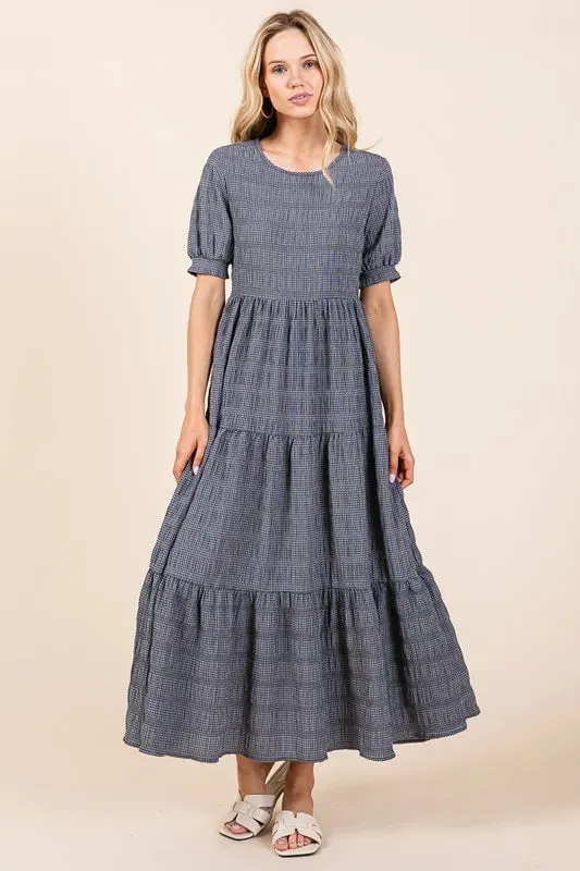 BOMBOM Textured Short Sleeve Tiered Dress