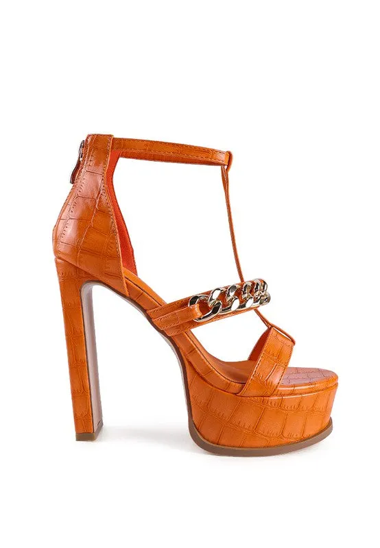 Bonita Metal Chain Zip Up Platform Sandal 5" Heel