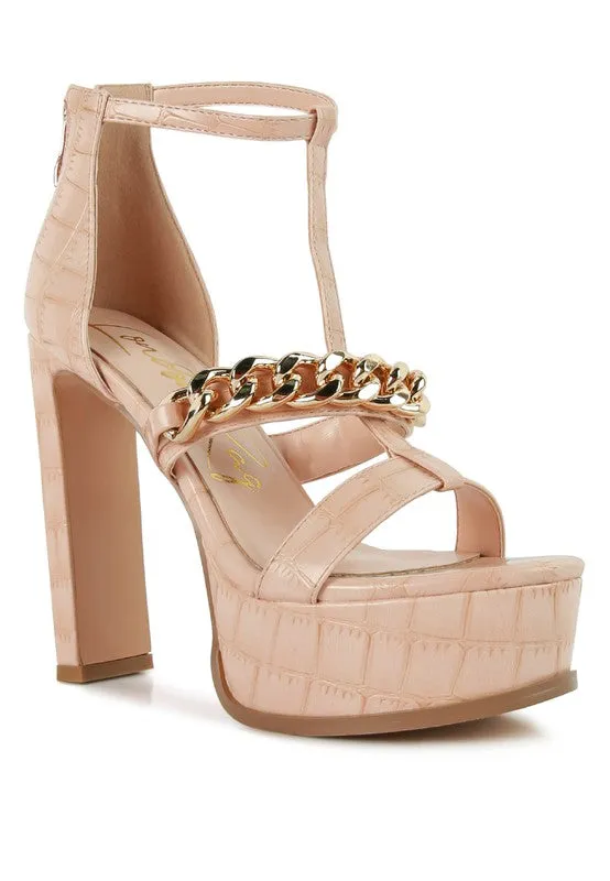 Bonita Metal Chain Zip Up Platform Sandal 5" Heel