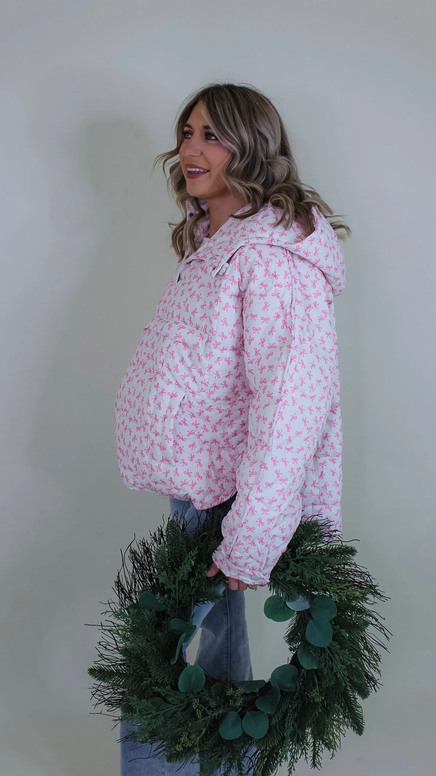 Bow Print Pink Puffer Jacket
