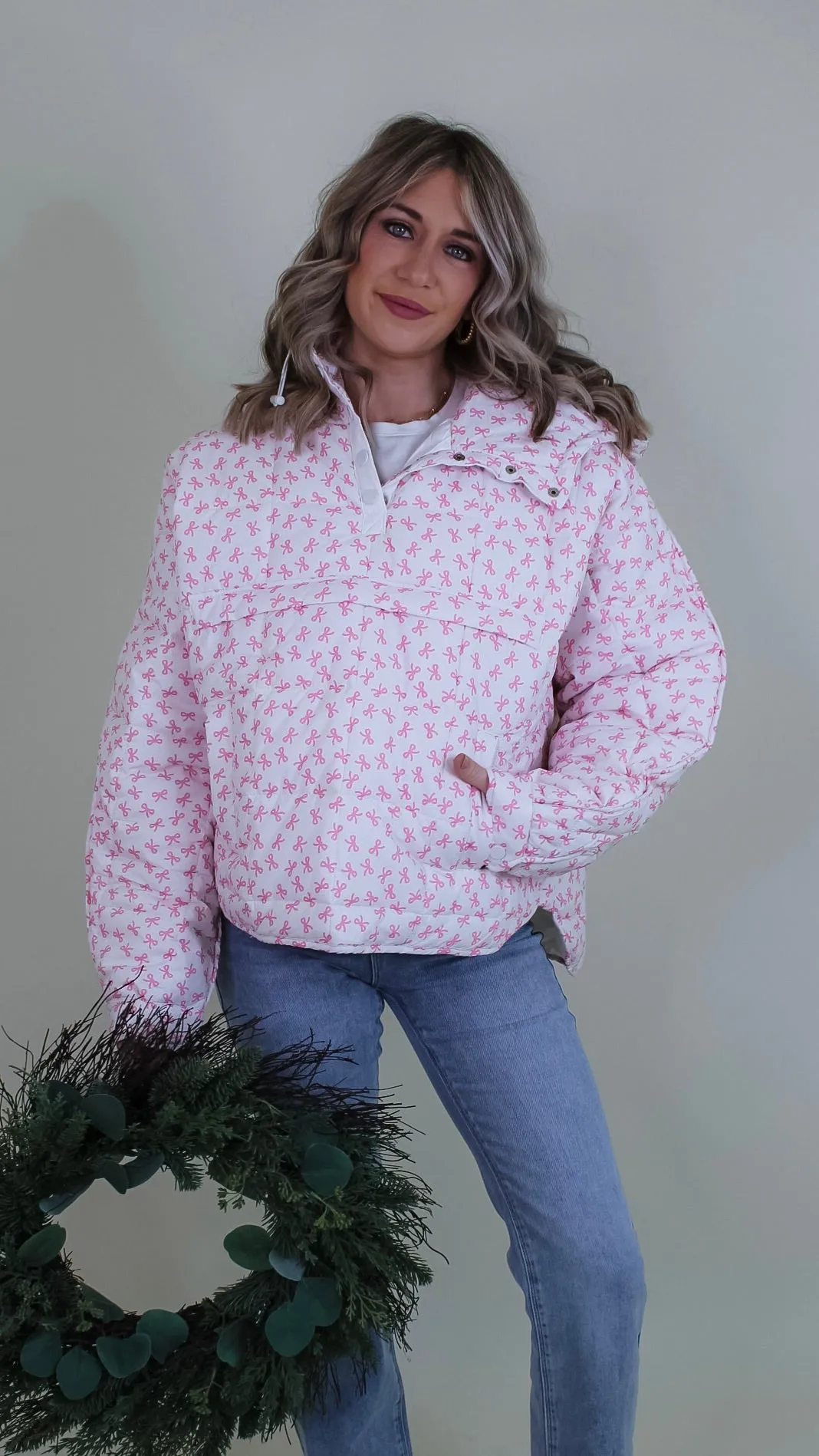 Bow Print Pink Puffer Jacket