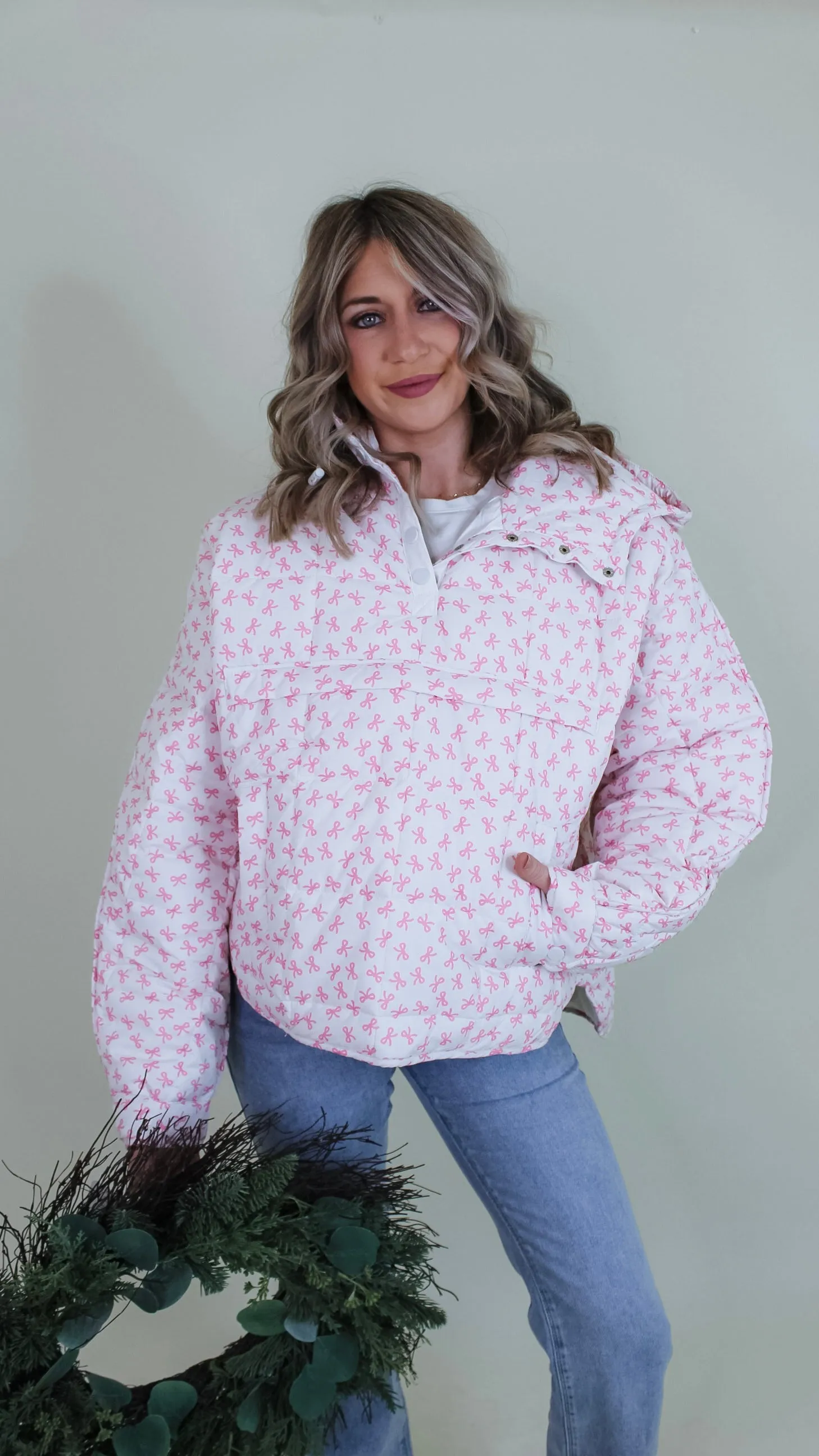Bow Print Pink Puffer Jacket