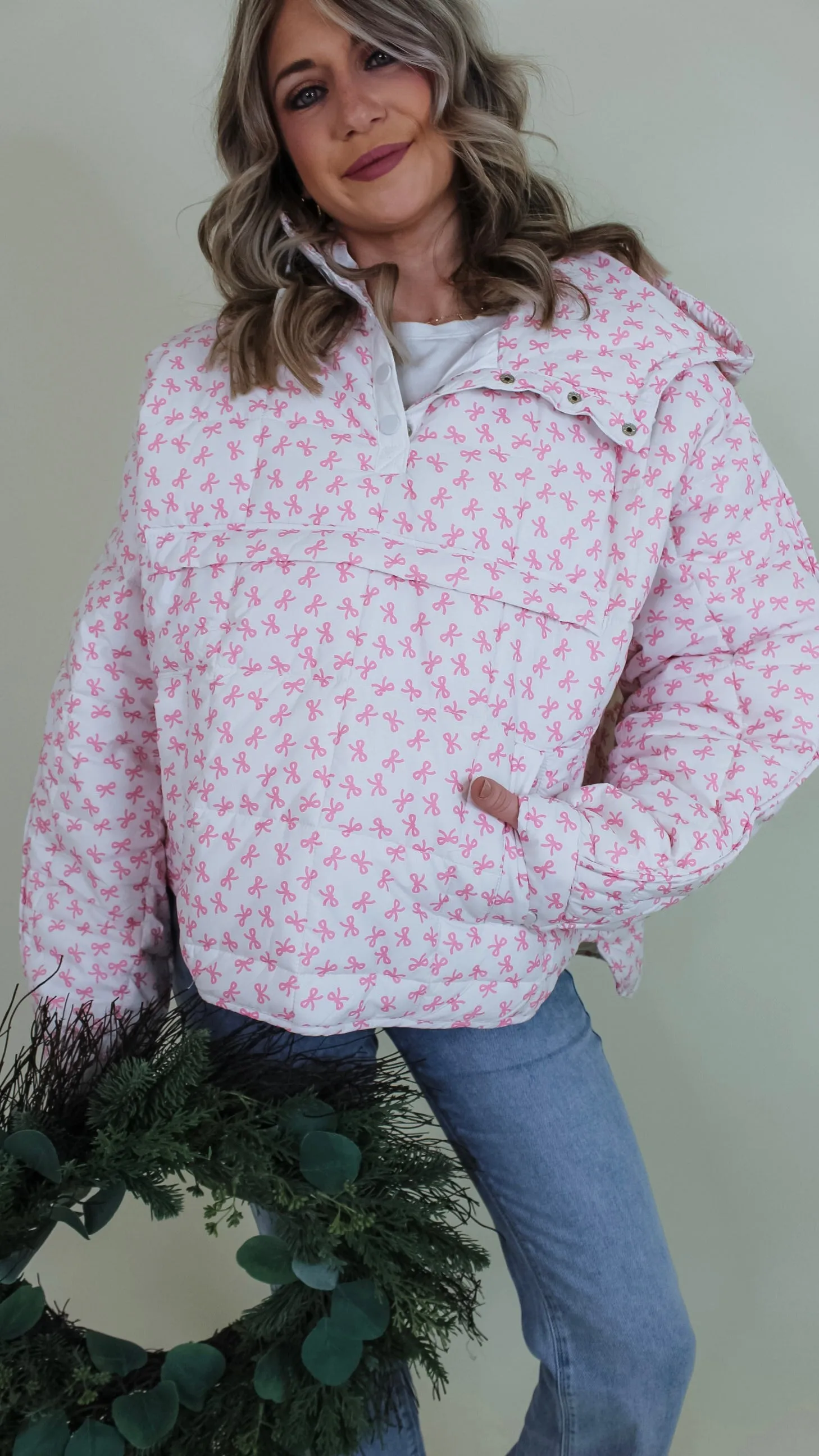 Bow Print Pink Puffer Jacket