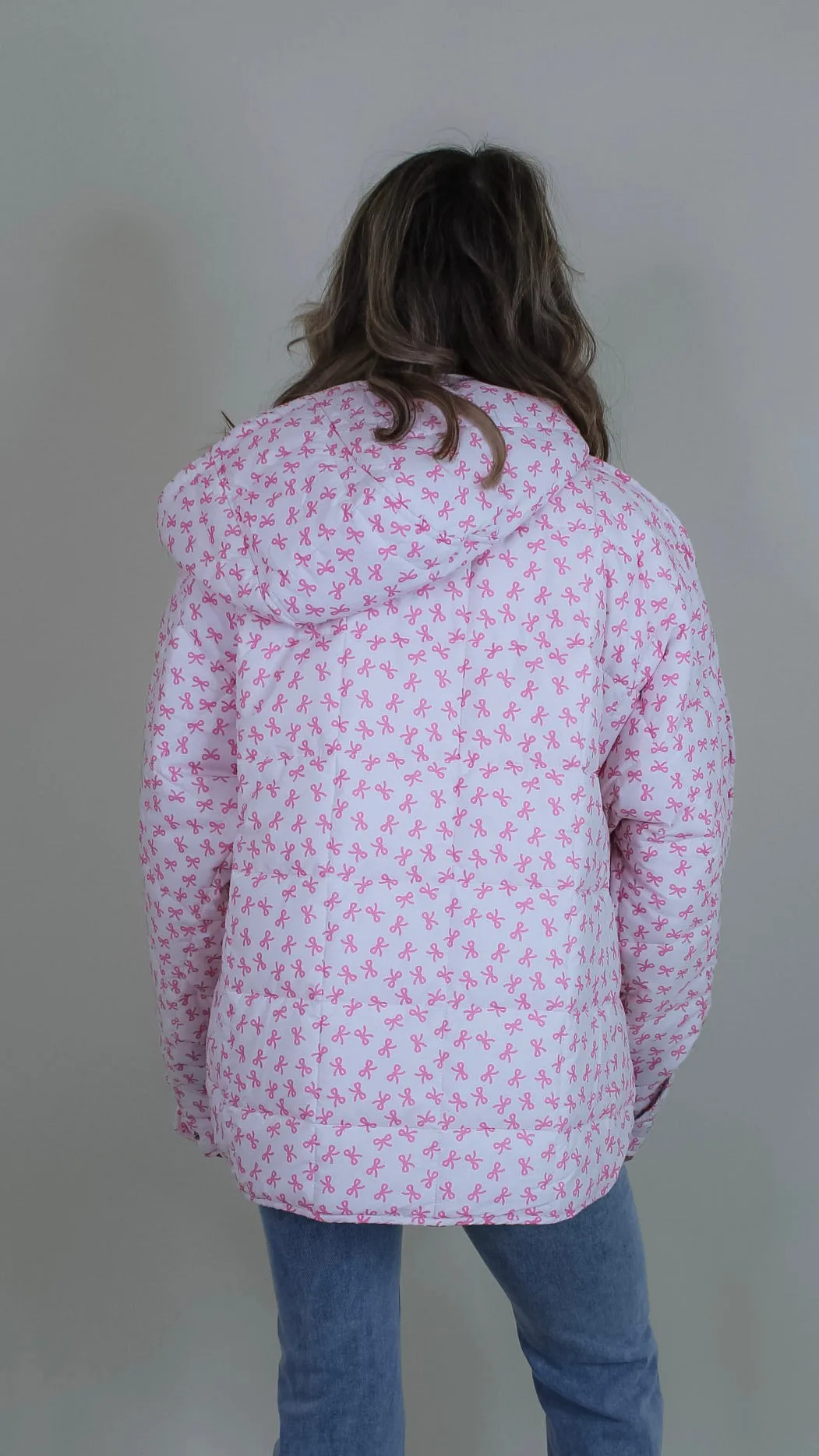 Bow Print Pink Puffer Jacket