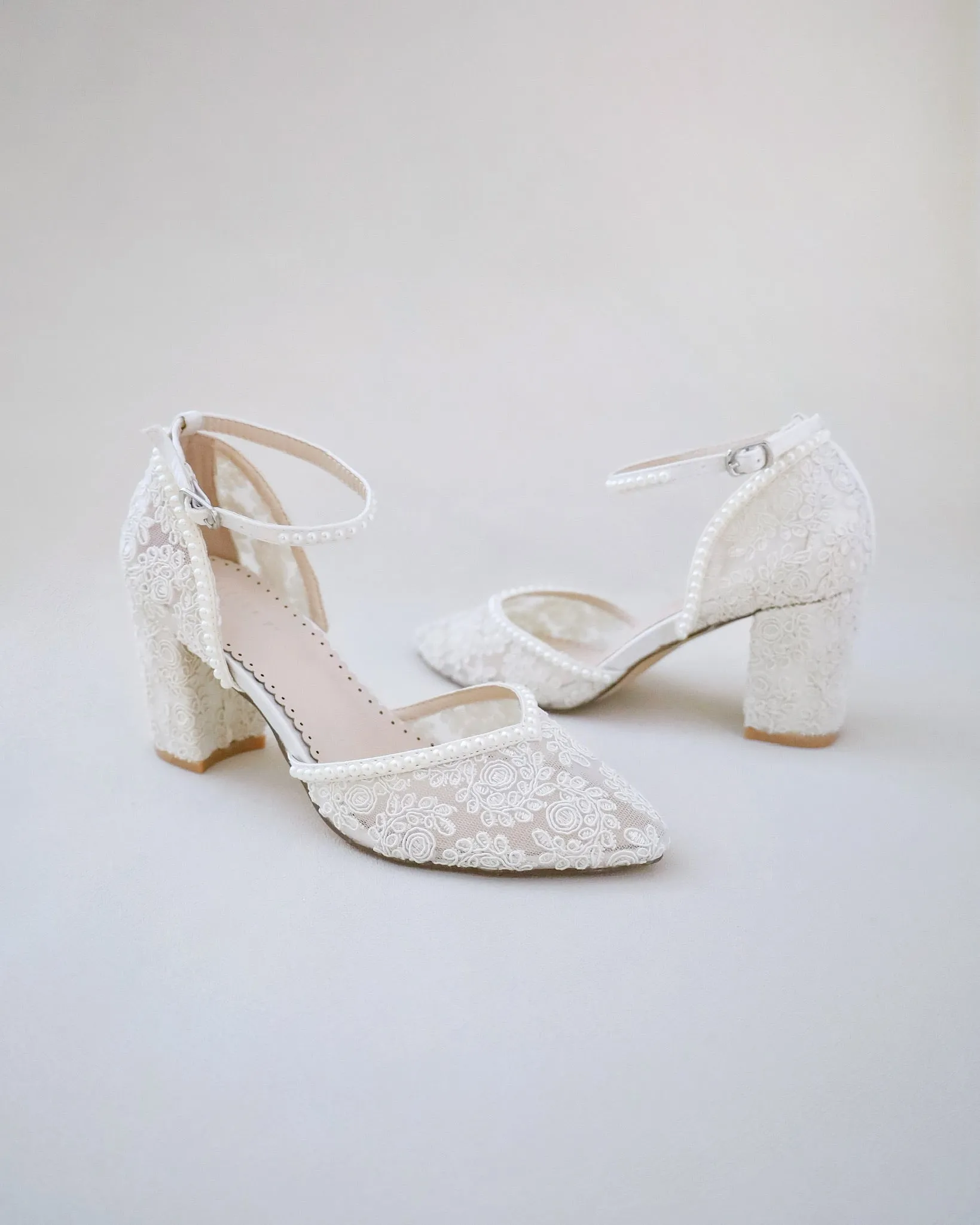 Bridal Lace Block Heel with Mini Pearls